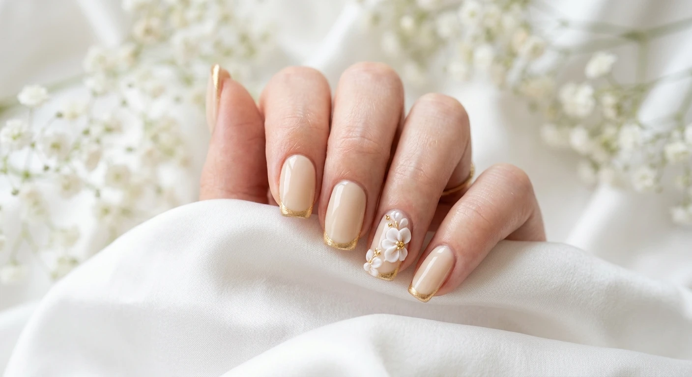A beautiful macro photograph of one hand highlighting a creamy beige French manicure with a modern twist, featuring elegant 3D flower petals on the accent nails and fine gold line work along the tips. High-resolution, sharp focus on the nails. The hand is elegantly posed over an aesthetic background of draped white silk and blurred soft baby's breath. Modern, Instagram-worthy photography style, bright and airy. No faces visible, focus ONLY on the nails and hand., macro nail photography, high quality, Instagram-worthy, clean composition