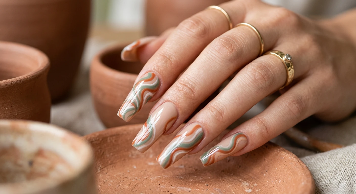 A beautiful macro photograph of one hand highlighting Abstract Earth-Toned Swirl nails in detail. Long coffin shaped nails start with a soft beige base, adorned with wavy, organic swirl patterns flowing seamlessly from the cuticle to the tip in intertwining shades of dusty sage green and deep terracotta. The design pops with a shiny, high-gloss gel finish. High-resolution, sharp focus on the nails. Aesthetic background of blurred, raw clay pottery. Modern, Instagram-worthy photography style. No faces visible, focus ONLY on the nails and hand., macro nail photography, high quality, Instagram-worthy, clean composition