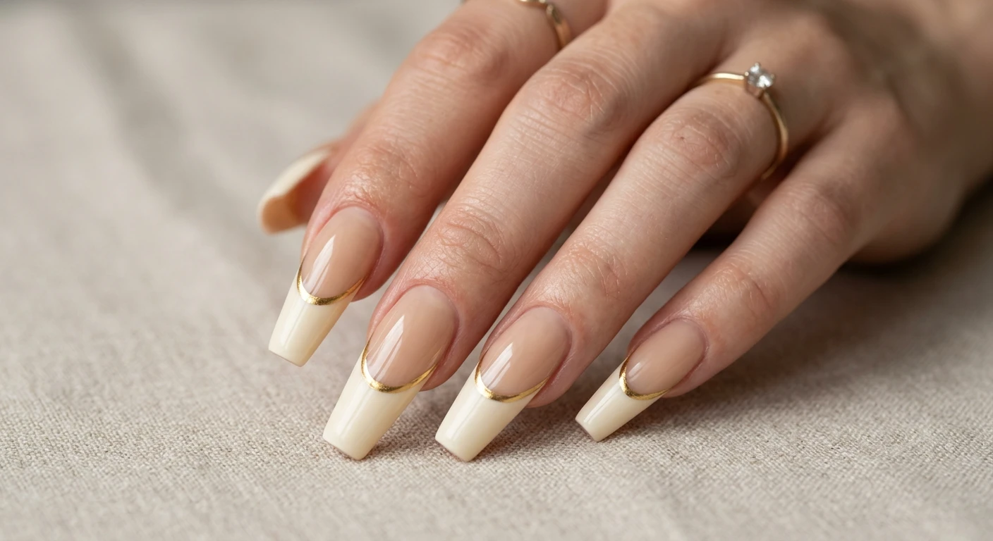 A beautiful macro photograph of one hand highlighting long, elegant coffin-shaped nails in detail. The design starts with a flawless translucent sand-colored base transitioning into a rich, opaque creamy ivory French tip with a deep, exaggerated smile line. A micro-thin, precision-painted line of gleaming gold chrome separates the ivory tip from the sand base. High-resolution, sharp focus on the nails, posed against an aesthetic minimal beige linen backdrop. Modern, crisp, Instagram-worthy photography style. No faces visible, focus ONLY on the nails and hand., macro nail photography, high quality, Instagram-worthy, clean composition