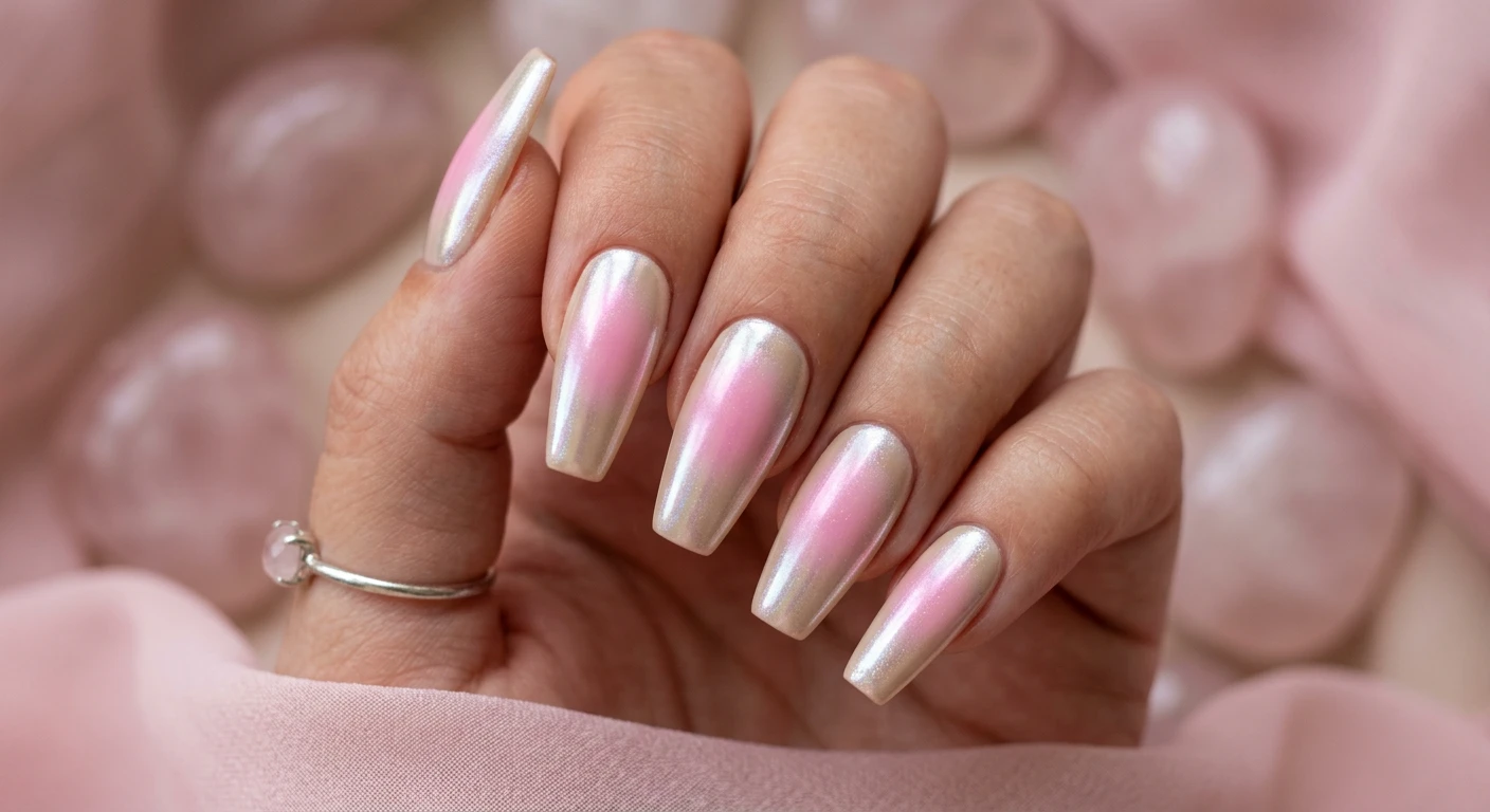 A beautiful macro photograph of one hand highlighting medium-length coffin-shaped nails with a creamy beige base and a soft, diffused baby pink aura circle radiating from the center of each nail. The design is finished with an all-over iridescent silver chrome powder that makes the pink gradient glow like polished rose quartz crystals. High-resolution, sharp focus ONLY on the nails and hand, with no faces visible. Aesthetic background of blurred smooth rose quartz stones and soft pink chiffon. Modern, Instagram-worthy beauty photography style., macro nail photography, high quality, Instagram-worthy, clean composition
