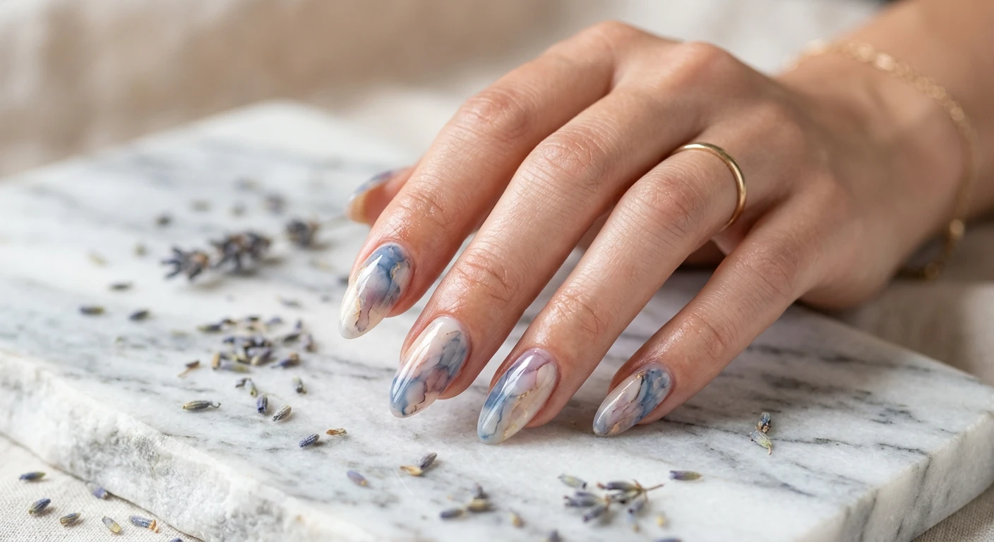 A beautiful macro photograph of one hand highlighting a dreamy watercolor marble nail design. The high-resolution image captures sharp focus on the glossy nails, where soft, translucent washes of dusty blue and mauve blend seamlessly together to create an ethereal marble effect. Modern, Instagram-worthy photography style, with no faces visible. The aesthetic background features a softly out-of-focus white marble slab accented with a few scattered dried lavender buds., macro nail photography, high quality, Instagram-worthy, clean composition