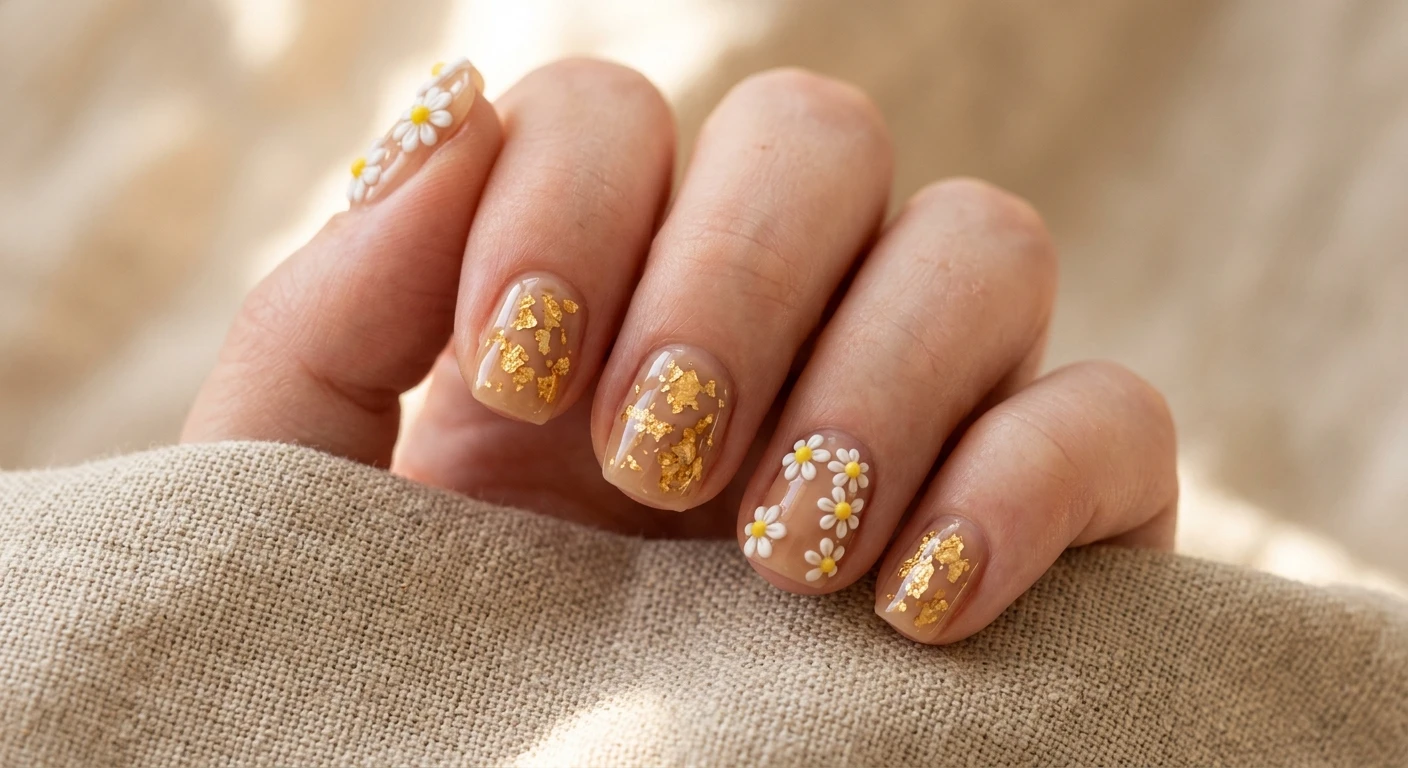A beautiful macro photograph of one hand highlighting short to medium squoval nails layered with a warm, translucent beige gel polish. Chunky gold foil flakes are encapsulated deep within the transparent layers, creating a stunning glass-like depth. The surface of the ring finger and thumb are decorated with clusters of tiny, sculpted 3D daisies. High-resolution, sharp focus on the nails. Aesthetic sunlit linen textured background. Modern, Instagram-worthy photography style. No faces visible, focus exclusively on the nails and hand., macro nail photography, high quality, Instagram-worthy, clean composition