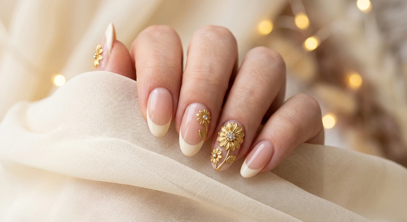 A beautiful macro photograph of one hand highlighting a creamy vanilla French manicure with 3D golden daisies. The design features a meticulous classic French tip in creamy vanilla tones, elevated by highly textured, luxurious 3D sculpted golden daisies. High-resolution, sharp focus ONLY on the nails and hand, no faces visible. Modern, Instagram-worthy photography style. Set against a soft, aesthetic background of blurred vanilla-colored chiffon and warm bokeh lighting., macro nail photography, high quality, Instagram-worthy, clean composition