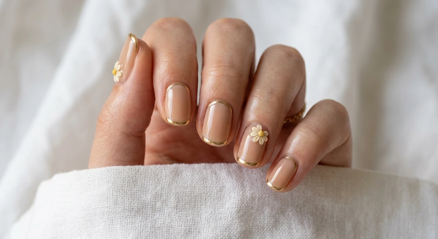 A beautiful macro photograph of one hand highlighting short, natural squoval nails coated in a glossy, translucent milky tan base. A delicate, ultra-thin gold chrome cuff tightly hugs the cuticle of each nail, while the ring finger and thumb are adorned with tiny, intricate 3D cream-colored daisies. High-resolution, sharp focus on the nails. Minimalist aesthetic background of soft white linen. Modern, Instagram-worthy photography style. No faces visible, focus ONLY on the nails and hand., macro nail photography, high quality, Instagram-worthy, clean composition