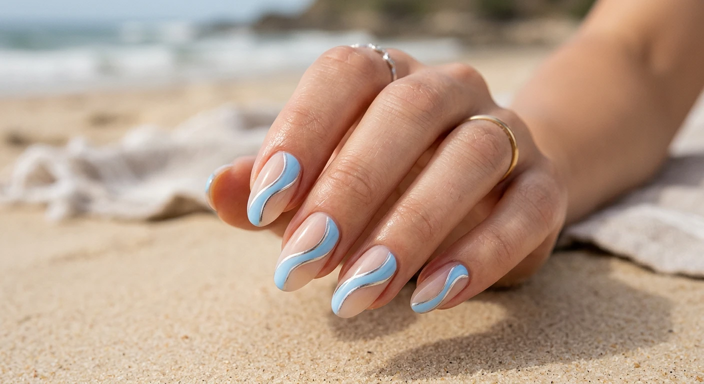 A beautiful macro photograph of one hand highlighting medium-length oval nails with a sheer sand-tinted base color. The design features bold, wavy, abstract baby blue swirls running diagonally across the nails, accented with thin, precise metallic silver outlining along the edges of the swirls. Glossy top coat finish. The hand rests gently on smooth, sunlit sand with a subtle, modern beachy aesthetic in the blurred background. High-resolution, sharp focus on the nails, modern Instagram-worthy photography style, no faces visible., macro nail photography, high quality, Instagram-worthy, clean composition