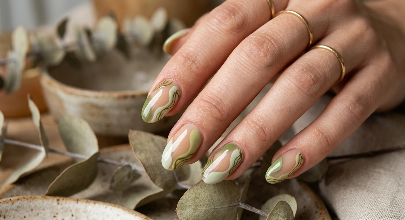 A beautiful macro photograph of one hand highlighting oval-shaped nails with a sheer, glossy tan base. The artwork consists of large, organic blob-like abstract shapes in creamy matcha green and soft sage painted across the tips and sides, leaving elegant negative space in the center. Fine, dark olive-green abstract line art traces the outer edges of the shapes. High-resolution, sharp focus on the nails. The aesthetic background features blurred, earthy elements like dried eucalyptus and smooth ceramic textures. Modern, organic, Instagram-worthy photography style. No faces visible, focus strictly on the hand and nails., macro nail photography, high quality, Instagram-worthy, clean composition