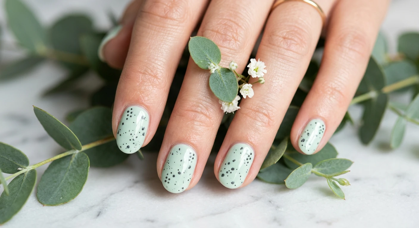 A beautiful macro photograph of one hand highlighting a pale matcha mint green speckled nail design with intricate dark dots. High-resolution, sharp focus on the perfectly manicured short oval nails. Set against an aesthetic background of fresh eucalyptus leaves and a smooth white marble surface. Modern, Instagram-worthy photography style, crisp and clean studio lighting. No faces visible, focus ONLY on the nails and hand., macro nail photography, high quality, Instagram-worthy, clean composition