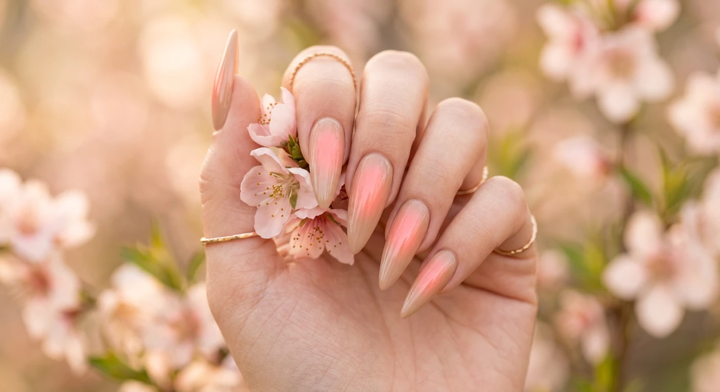 A beautiful macro photograph of one hand highlighting long stiletto-shaped nails with a mesmerizing aura gradient effect. The outer edges are a soft, milky tan color that perfectly blends into a radiating, blushing peach-pink hue in the center of each nail. High-resolution, sharp focus on the nails and hand only, no faces visible. Modern, Instagram-worthy photography style with an aesthetic background of a soft, diffused peachy-warm light and delicate blurred peach blossoms., macro nail photography, high quality, Instagram-worthy, clean composition