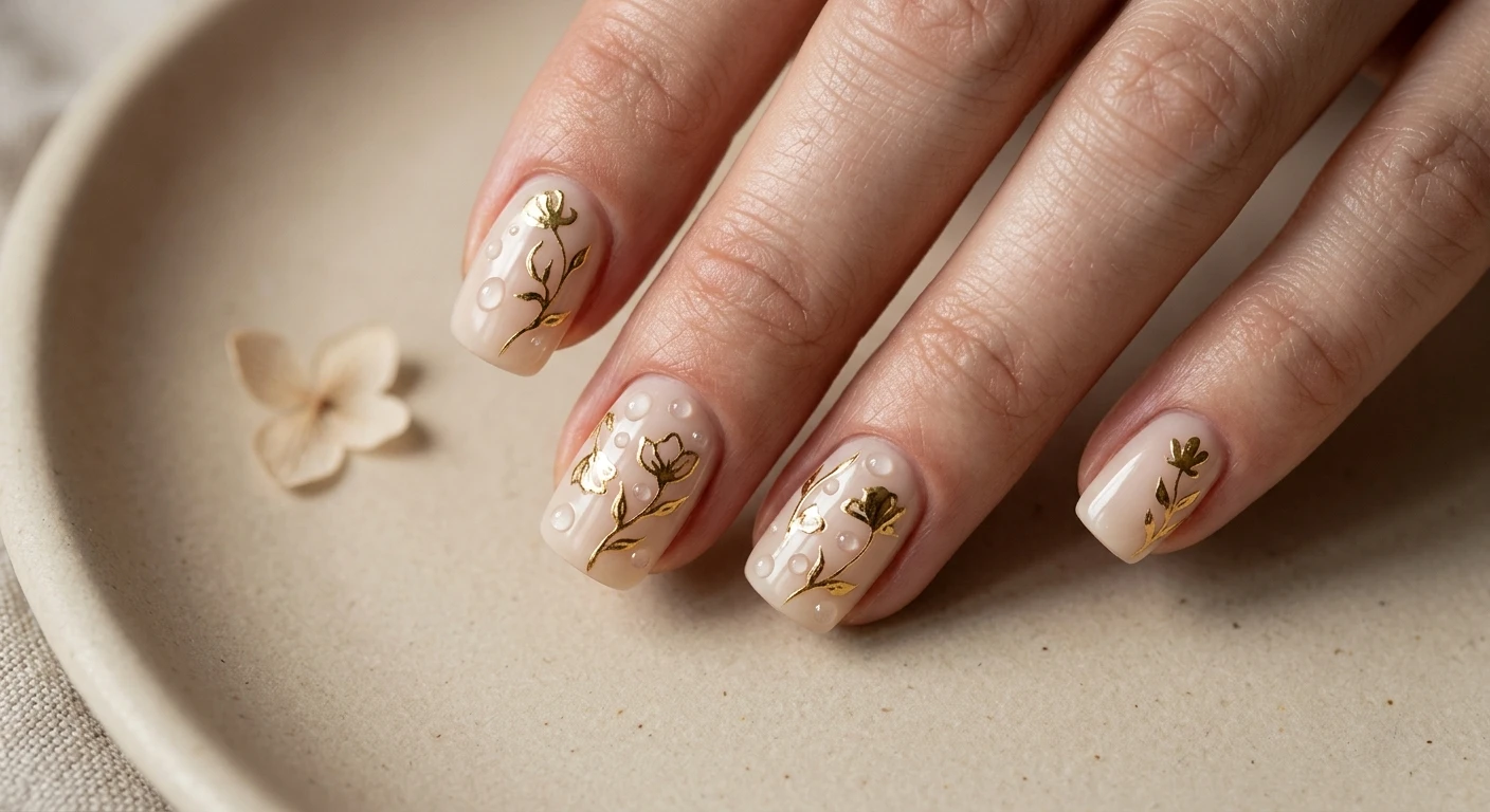 A beautiful macro photograph of one hand highlighting short, perfectly tailored natural squoval nails with a flawless, milky beige base. The highly minimalist design showcases hand-drawn abstract floral silhouettes and vine motifs painted in ultra-reflective liquid gold chrome, accented by tiny, sculpted clear builder gel droplets resembling fresh dew. High-resolution, sharp focus on the nails. Aesthetic background of smooth matte beige ceramic with elegant, subtle shadows. Modern, clean, Instagram-worthy photography style. No faces visible, focus ONLY on the nails and hand., macro nail photography, high quality, Instagram-worthy, clean composition