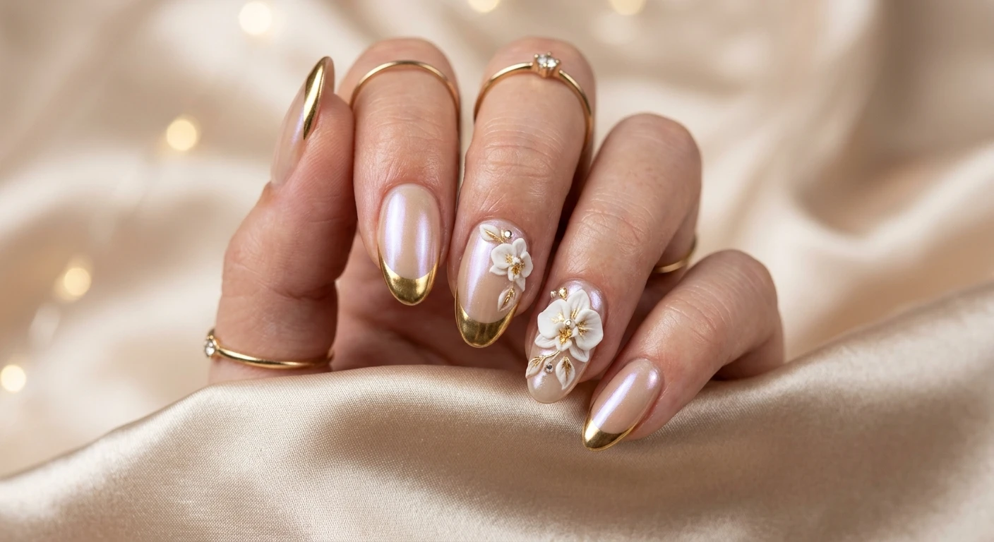 A beautiful macro photograph of one hand highlighting a pearlescent tan glazed donut nail finish with striking gold chrome French tips and elegant 3D sculpted orchids. High-resolution, sharp focus on the nails. The aesthetic background is a luxurious draped champagne satin with soft bokeh light reflections. Modern, Instagram-worthy photography style, glossy studio lighting. No faces visible, focus ONLY on the nails and hand., macro nail photography, high quality, Instagram-worthy, clean composition