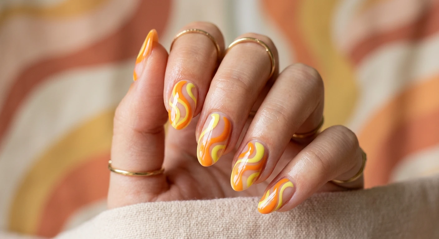 A beautiful macro photograph of one hand highlighting a groovy, retro-inspired nail aesthetic with abstract orange and lemon yellow swirls flowing beautifully over clear negative space. High-resolution, sharp focus on the nails. The background features a soft-focus, minimalist 70s-inspired wavy pattern in muted warm tones. Modern, Instagram-worthy photography style. No faces visible, focus ONLY on the nails and hand., macro nail photography, high quality, Instagram-worthy, clean composition