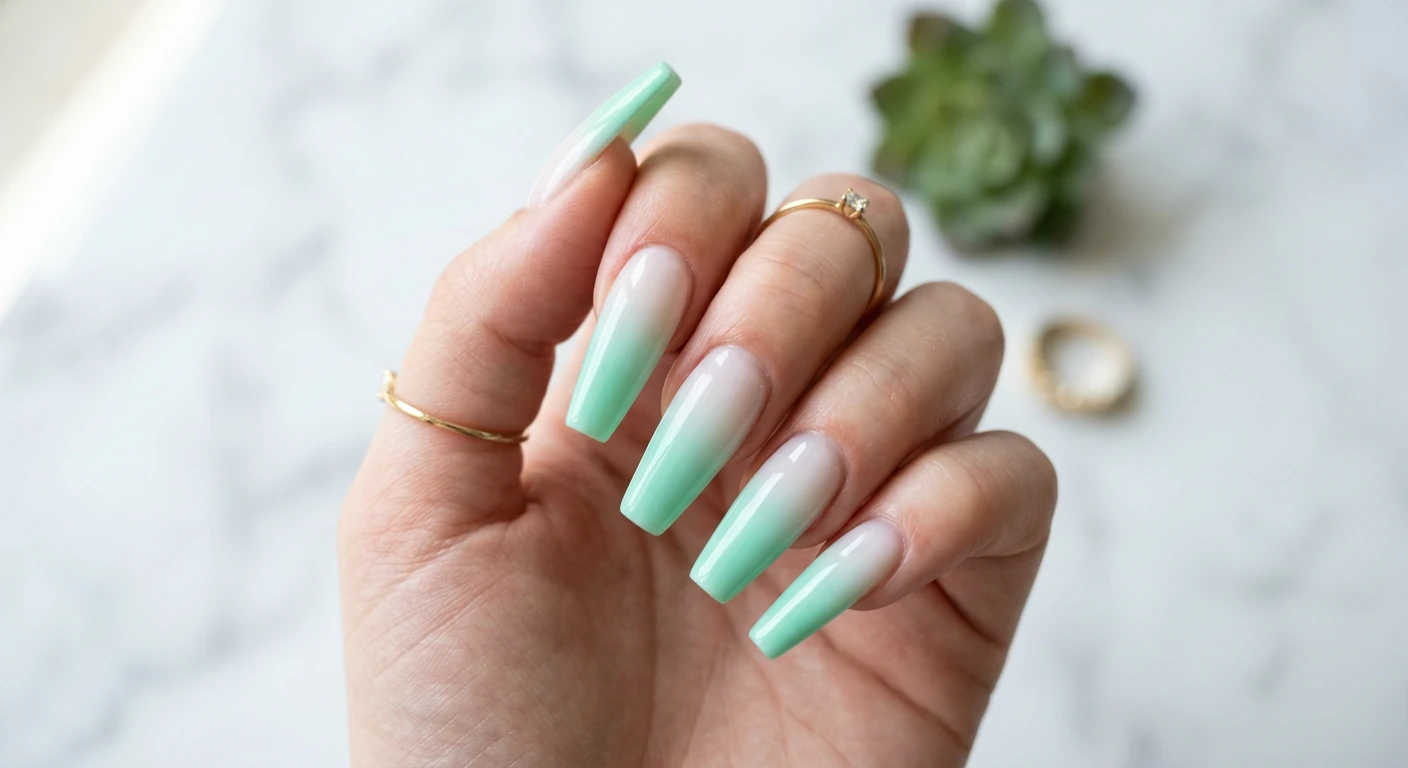 A beautiful macro photograph of one hand highlighting a striking mint and milky white ombre nail design. The long acrylic extensions are shaped into a dramatic, tapered coffin style. The polish displays a flawless, seamless gradient starting with a soft, semi-translucent milky white at the cuticle that perfectly fades into a vibrant, opaque mint green at the tips. High-resolution, sharp focus on the beautifully blended nails. The aesthetic background features a clean, soft-focus white marble surface with gentle natural lighting. Modern, Instagram-worthy photography style, no faces visible., macro nail photography, high quality, Instagram-worthy, clean composition