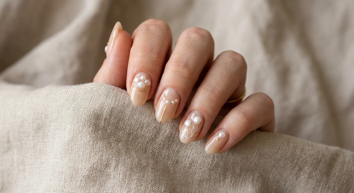 A beautiful macro photograph of one hand highlighting a minimalist pearl shells on sheer beige nail design in sharp detail. The nails have a translucent, glossy beige-beige base decorated with tiny, subtle pearl half-shells and clean, minimalist line work. High-resolution, sharp focus on the nails. Aesthetic background featuring warm, neutral linen fabric draped elegantly in soft, natural lighting. Modern, Instagram-worthy photography style. No faces visible, focus ONLY on the nails and hand., macro nail photography, high quality, Instagram-worthy, clean composition