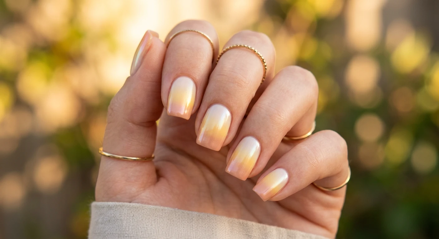 A beautiful macro photograph of one hand modeling short, neat squoval nails with a delicate horizontal gradient. The design blends a soft, milky cream color at the cuticles into a warm, sunlit buttery yellow, finishing with a dusty peach at the tips. A sheer layer of iridescent pearl chrome powder gives the nails a luminous glow. High-resolution, sharp focus on the nails, set against an aesthetic softly blurred golden hour background with warm light. Modern, Instagram-worthy photography style, no faces visible., macro nail photography, high quality, Instagram-worthy, clean composition