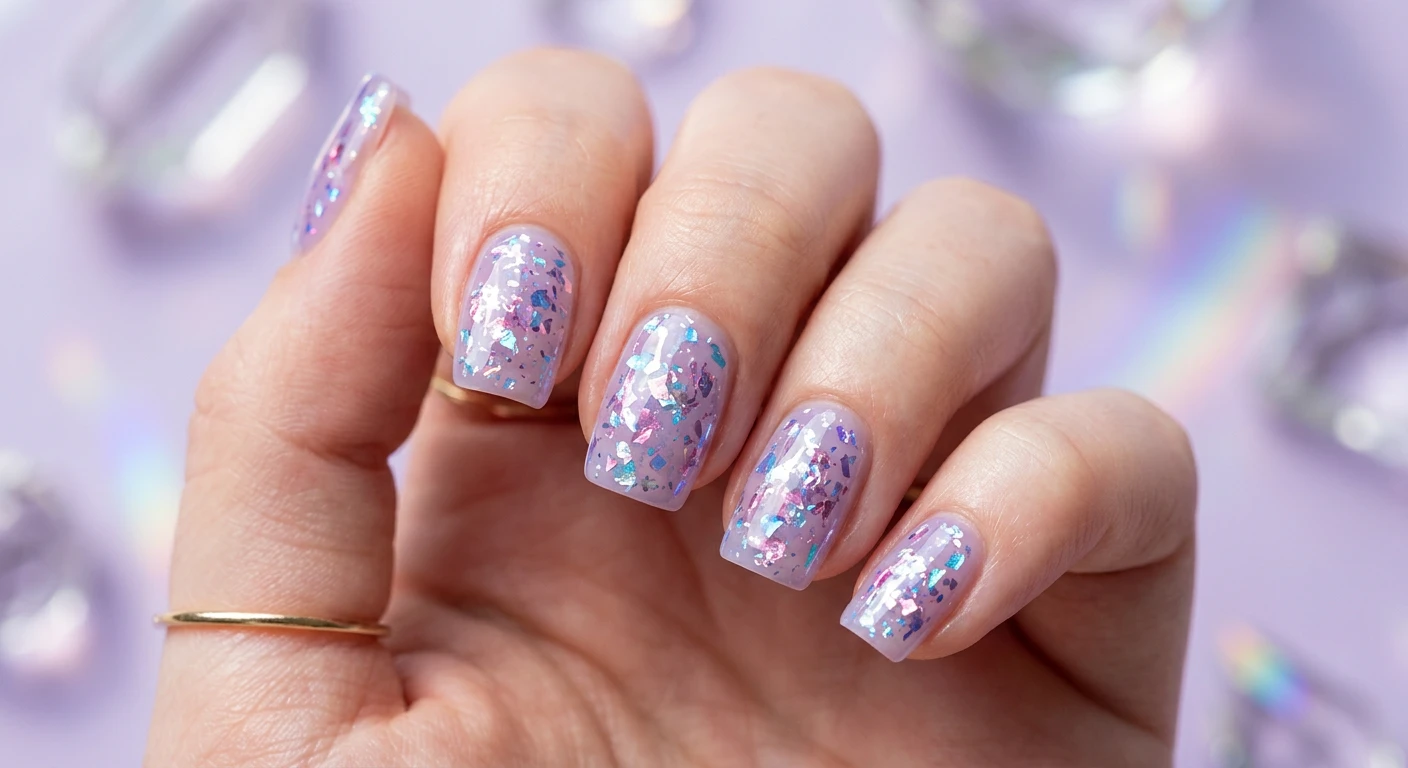 A beautiful macro photograph of one hand modeling short, squared-off squoval nails featuring a highly translucent, pale lavender jelly polish resembling stained glass. Embedded deep within the clear builder gel layer are shattered, iridescent holographic mylar flakes flashing brilliant shades of pink, blue, and silver. High-resolution, sharp focus catching the holographic light reflections. The background is a soft, dreamy lavender setting with crystal prisms casting subtle iridescent rainbows. Modern, trendy, Instagram-worthy photography style, crisp bright lighting. No faces visible, focus ONLY on the nails and hand., macro nail photography, high quality, Instagram-worthy, clean composition