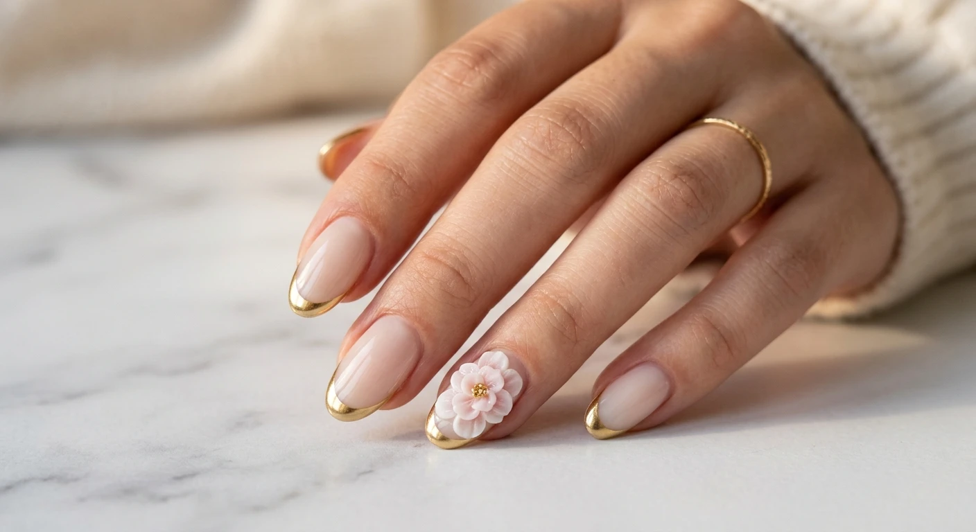 A beautiful macro photograph of one hand modeling medium-length oval nails painted with a glossy, semi-sheer milky neutral base that beautifully mimics the natural nail bed. Every single nail is finished with a micro-thin, gleaming gold chrome French tip. The ring finger features a voluminous, highly detailed 3D sculpted peony taking center stage. High-resolution, sharp focus on the nails. Aesthetic soft white marble background with warm lighting. Modern, Instagram-worthy photography style. No faces visible, focus exclusively on the nails and hand., macro nail photography, high quality, Instagram-worthy, clean composition