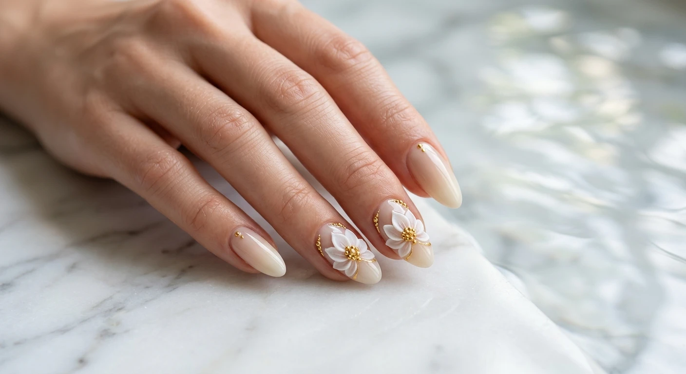 A beautiful macro photograph of one hand modeling a flawless creamy neutral ombre nail design detailed with tiny gold caviar beads and gorgeous 3D blooming lotus flowers. High-resolution, sharp focus on the nails. The hand is posed over an aesthetic background of tranquil, softly blurred water reflections and smooth white marble. Modern, Instagram-worthy photography style, ethereal and clean lighting. No faces visible, focus ONLY on the nails and hand., macro nail photography, high quality, Instagram-worthy, clean composition