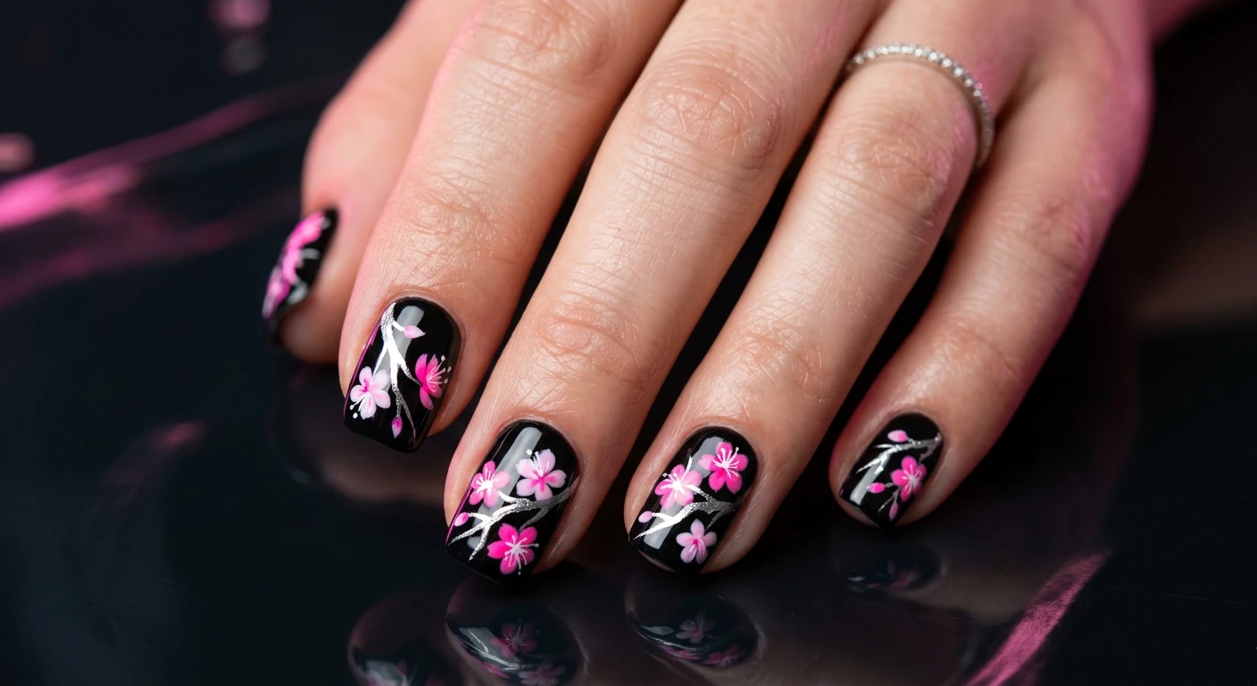 A beautiful macro photograph of one hand modeling short, squoval-shaped nails with a moody midnight cherry blossom design. The rich, completely opaque midnight black base color provides a striking contrast to stark, jagged diagonal silver metallic branches. Glowing, highly pigmented neon pink and soft pastel pink cherry blossom flowers with crisp white accents adorn the silver stems. High-resolution, sharp focus on the nails. The background is an aesthetic dark, glossy surface with subtle, moody pink rim lighting. Modern, Instagram-worthy beauty photography style. No faces visible, focus ONLY on the nails and hand., macro nail photography, high quality, Instagram-worthy, clean composition