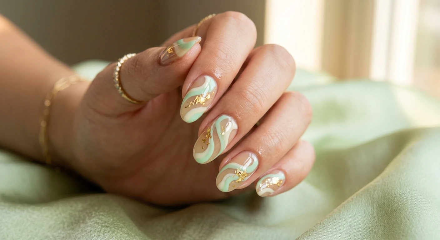 A beautiful macro photograph of one hand presenting elegant minty matcha swirl nail art. The medium-length nails are shaped into a soft oval. Over a sheer, translucent tan base, organic and wavy abstract swirls of pastel mint green and opaque milky cream playfully twist and overlap. A delicate, tiny cluster of crushed gold foil accents the swirls. High-resolution, sharp focus on the nails. The aesthetic background features softly blurred elements of light green silk and warm sunlight. Modern, Instagram-worthy photography style, no faces visible., macro nail photography, high quality, Instagram-worthy, clean composition