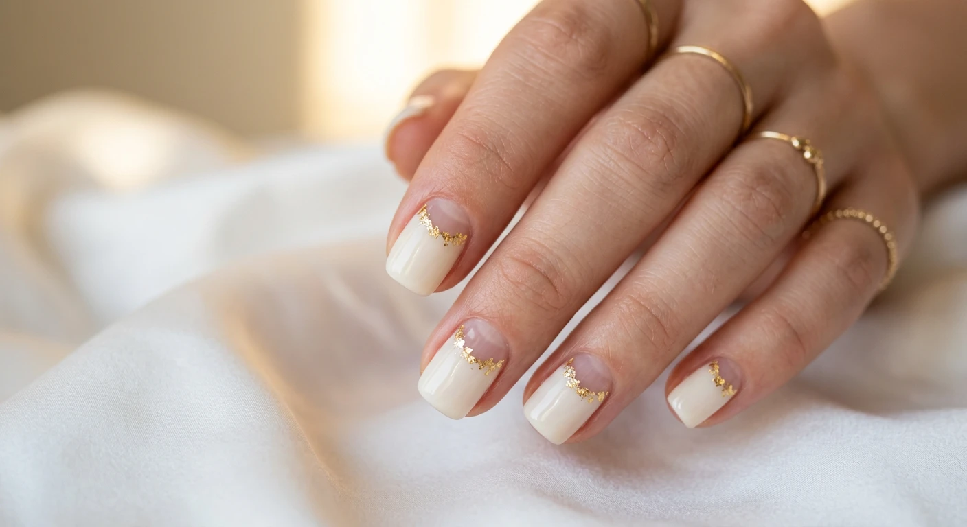 A beautiful macro photograph of one hand presenting a minimalist nail design on short, neat squoval nails. The cuticle area features a large, unpainted half-moon showing the completely clear, glossy natural nail, while the rest of the nail is painted in a milky cream polish. Delicate, irregular 24k gold leaf flakes are scattered precisely along the curved boundary where the cream polish meets the clear negative space. High-resolution, sharp focus on the nails, no faces visible. Modern, Instagram-worthy aesthetic set against a luxurious, softly blurred background of white silk and golden hour lighting., macro nail photography, high quality, Instagram-worthy, clean composition
