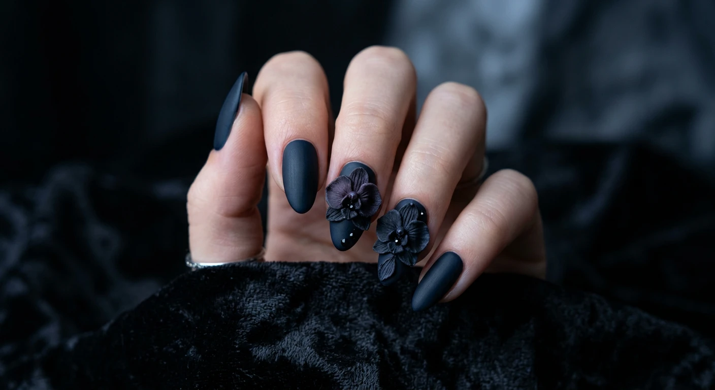 A beautiful macro photograph of one hand presenting a moody midnight nail design with a velvety matte finish and dramatic dark 3D orchids. High-resolution, sharp focus on the contrasting matte polish and sculpted floral textures. Aesthetic background featuring deep shadows, dark crushed velvet, and subtle moonlight illumination. Modern, Instagram-worthy edgy photography style. No faces visible, focus ONLY on the nails and hand., macro nail photography, high quality, Instagram-worthy, clean composition