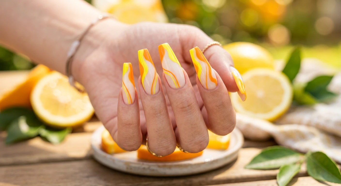 A beautiful macro photograph of one hand presenting long coffin nails with a milky cream base. The dynamic design replaces traditional tips with thick, undulating abstract waves in vibrant lemon yellow and tangerine orange that drip asymmetrically down the sides, accented by crisp abstract lines crossing through the center of the nail bed. High-resolution, sharp focus on the nails. The hand is posed against an aesthetic, sunny background featuring out-of-focus fresh citrus fruit slices and bright natural lighting. Modern, vibrant, Instagram-worthy photography style. No faces visible, focus strictly on the hand and nails., macro nail photography, high quality, Instagram-worthy, clean composition