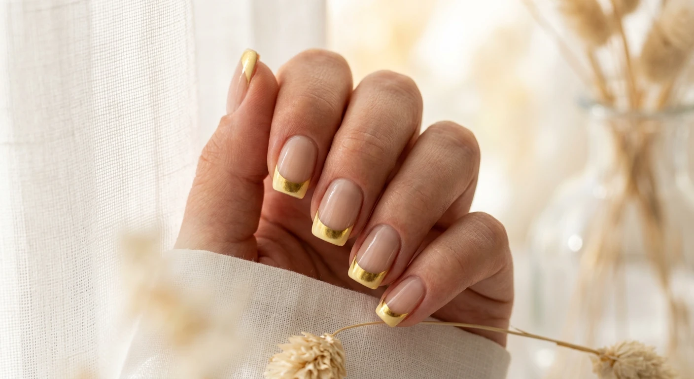 A beautiful macro photograph of one hand presenting short, natural square nails featuring a sheer neutral sand base and crisp, classic French tips painted in creamy pastel butter yellow. The yellow tips have a concentrated metallic gold chrome finish that contrasts beautifully with the glossy, non-chromed base. High-resolution, sharp focus ONLY on the nails and hand, with no faces visible. Aesthetic background of blurred warm spring sunlight filtering through sheer white linen. Modern, Instagram-worthy beauty photography style., macro nail photography, high quality, Instagram-worthy, clean composition