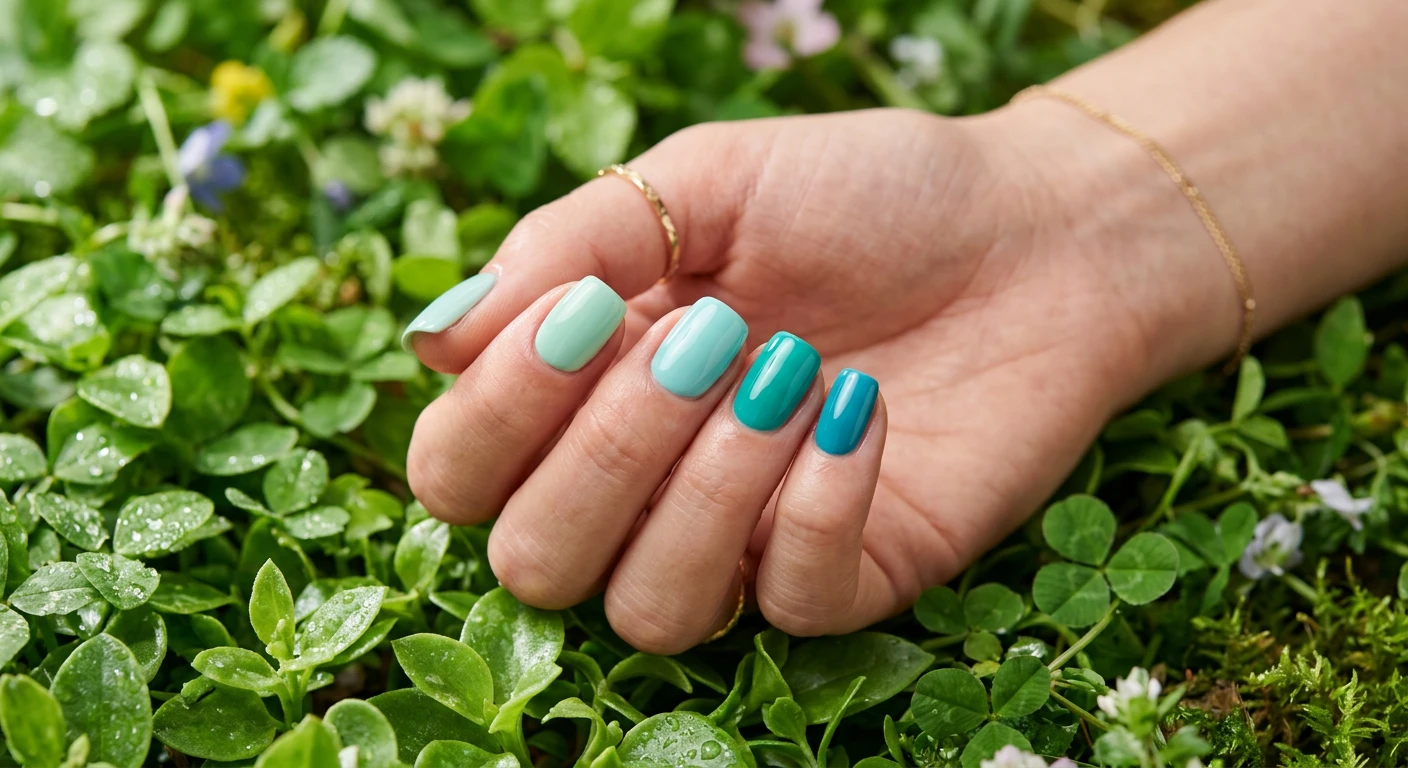 A beautiful macro photograph of one hand presenting a "Spring Awakening Skittle Mani" on incredibly neat, short squoval nails. Each nail is painted in an alternating solid color to create a seamless gradient of cool spring tones, ranging from pale seafoam green to a rich, vibrant teal. High-resolution, sharp focus on the glossy, perfectly manicured nails. The hand is gently resting on a bed of fresh, dewy spring leaves. Minimalist, modern, and highly Instagram-worthy photography style. No faces visible, focus ONLY on the beautiful nails and hand., macro nail photography, high quality, Instagram-worthy, clean composition