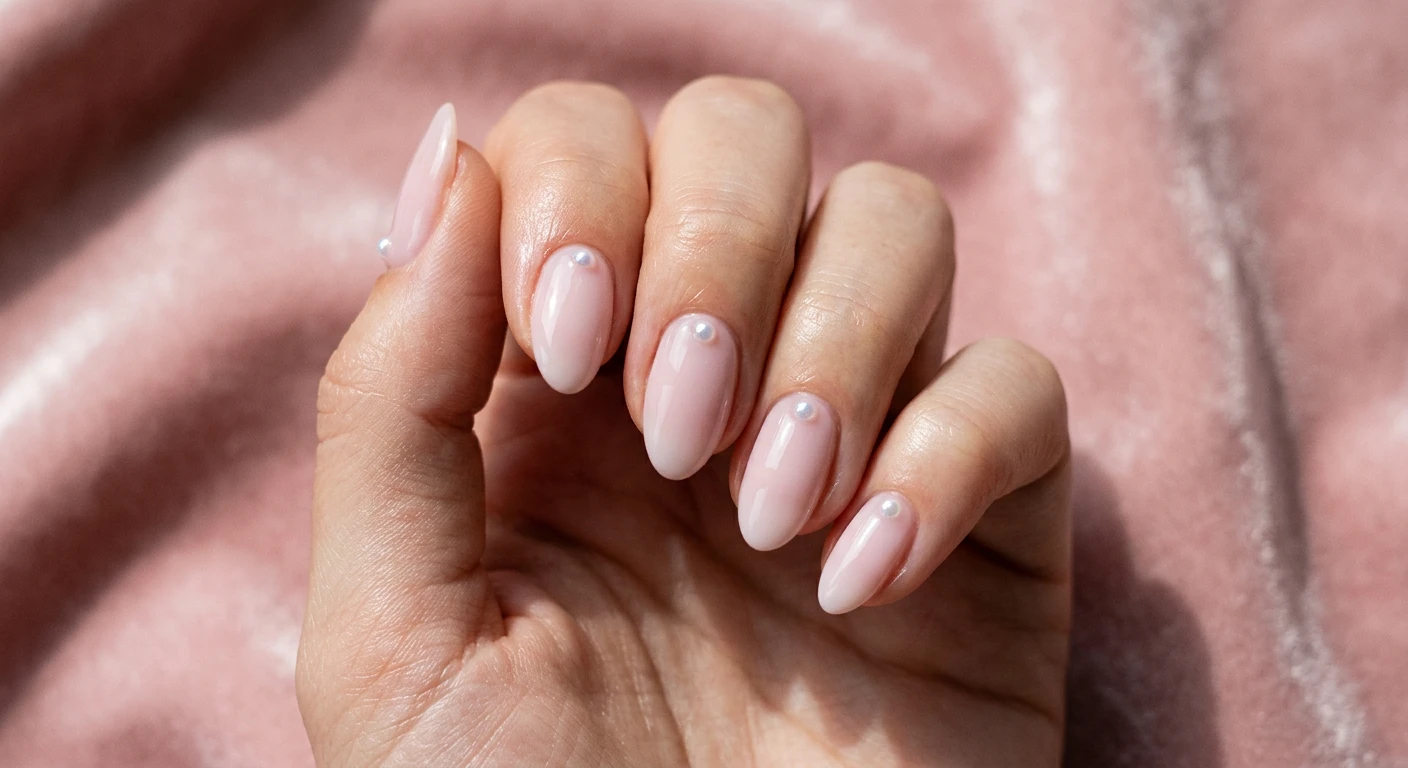 A beautiful macro photograph of one hand presenting perfectly manicured short almond nails coated in a creamy, semi-sheer milky pink polish with cool undertones. A single, tiny, iridescent 3D half-pearl is meticulously placed at the exact center of the cuticle line on each nail, acting as a minimalist jewelry accent. High-resolution, sharp focus on the delicate pearls and glossy finish. The background is an elegant, soft blush-pink velvet with subtle aesthetic shadows. Modern, Instagram-worthy photography style. No faces visible, focus ONLY on the nails and hand., macro nail photography, high quality, Instagram-worthy, clean composition