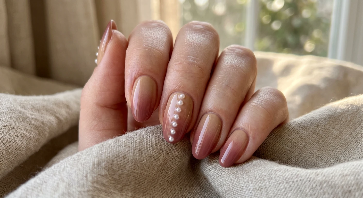 A beautiful macro photograph of one hand presenting medium oval nails featuring a smooth ombre gradient that seamlessly transitions from a warm sand color at the cuticles to a deep dusty rose at the tips. Tiny, 3D white half-pearls are applied in a minimalist straight line down the center of the middle and pointer fingers. High-resolution, sharp focus on the gradient and 3D details. The background is an aesthetic, softly blurred arrangement of draped neutral linen and warm sunlight. Modern, Instagram-worthy photography style. No faces visible, focus exclusively on the hand and nail art., macro nail photography, high quality, Instagram-worthy, clean composition