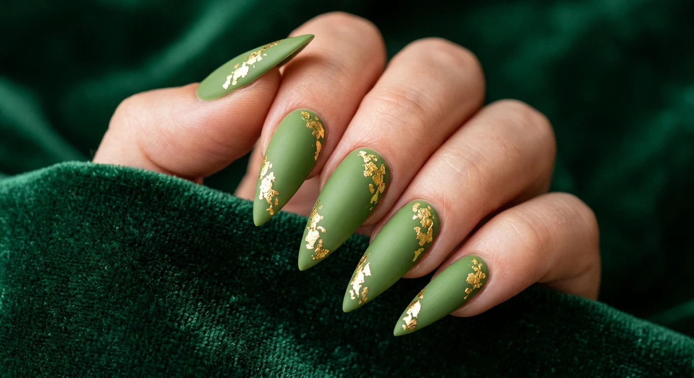 A beautiful macro photograph of one hand presenting long, sharp stiletto nails painted in an opaque pistachio green with a velvety, completely flat matte finish. The design is accented by delicate, irregular flakes of bright, shiny gold leaf foil scattered abstractly near the cuticle bases and sweeping diagonally across the nail beds. High-resolution, sharp focus on the contrasting matte and metallic textures. The background is an aesthetic, rich velvet material with subtle warm lighting to highlight the shimmering gold. Modern, Instagram-worthy photography style, no faces visible, entirely focused on the luxurious nail art and hand., macro nail photography, high quality, Instagram-worthy, clean composition
