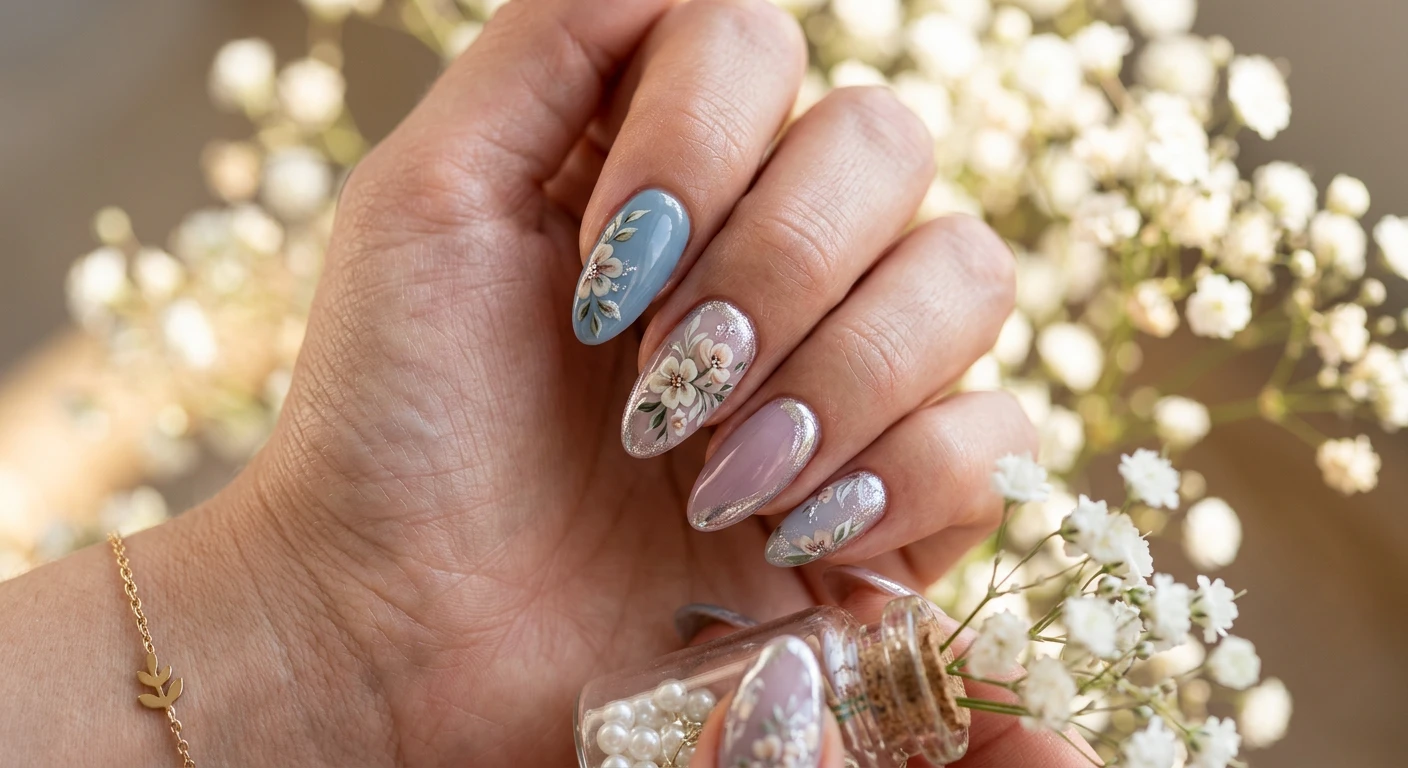 A beautiful macro photograph of one hand presenting a detailed nail design with chrome-dusted floral accents. The high-resolution shot focuses sharply on the nails, which feature a dusty blue and mauve color palette adorned with dainty hand-painted flowers and subtle, glowing silver chrome powder rubbed onto the cuticles and petals. Modern, Instagram-worthy photography style, with no faces visible. The aesthetic background consists of beautifully blurred, sunlit baby's breath flowers to complement the delicate, metallic floral motif., macro nail photography, high quality, Instagram-worthy, clean composition