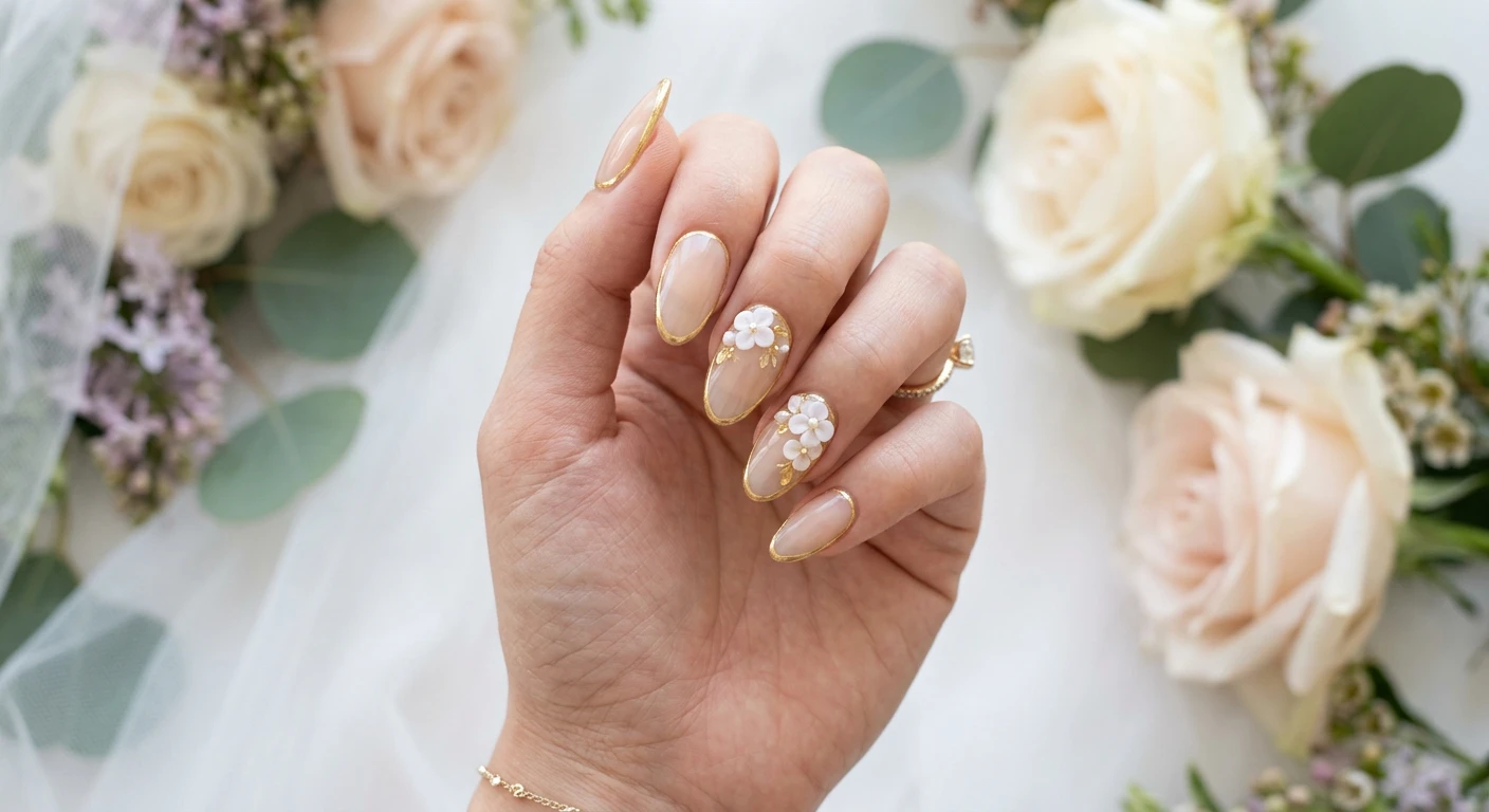 A beautiful macro photograph of one hand presenting an ultra-sheer, translucent beige nail tint. A remarkably fine, hair-thin line of liquid gold foil outlines the exact perimeter of every nail to create a continuous gilded frame, finished with delicate 3D bridal florals. High-resolution, sharp focus on the nails. The aesthetic background is a romantic, airy bridal scene with soft white tulle and blurred delicate bouquet flowers. Modern, Instagram-worthy photography style. No faces visible, focus ONLY on the nails and hand., macro nail photography, high quality, Instagram-worthy, clean composition