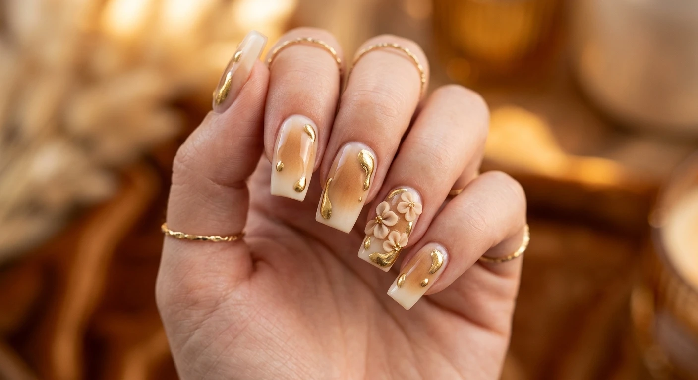 A beautiful macro photograph of one hand presenting crisp, medium square nails with a soft aura gradient that fades smoothly from milky cream outer edges to a warm, toasted tan center. The design is scattered with organic, asymmetrical droplets of molten gold chrome and accented by delicate beige 3D floral blooms. High-resolution, sharp focus on the nails. Aesthetic, warm glowing amber background. Modern, Instagram-worthy photography style. No faces visible, focus ONLY on the nails and hand., macro nail photography, high quality, Instagram-worthy, clean composition