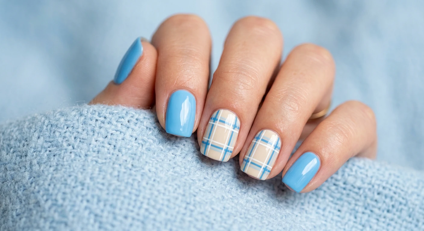 A beautiful macro photograph of one hand presenting short, square-shaped nails with a shiny finish. The alternating design features a solid baby blue on the thumb, index, and pinky fingers, while the middle and ring fingers display a solid opaque beige base adorned with a detailed baby blue and crisp white tartan plaid grid pattern. The hand gently touches a soft, pastel blue spring woven fabric in the background. High-resolution, sharp focus on the nails, modern Instagram-worthy photography style, no faces visible., macro nail photography, high quality, Instagram-worthy, clean composition