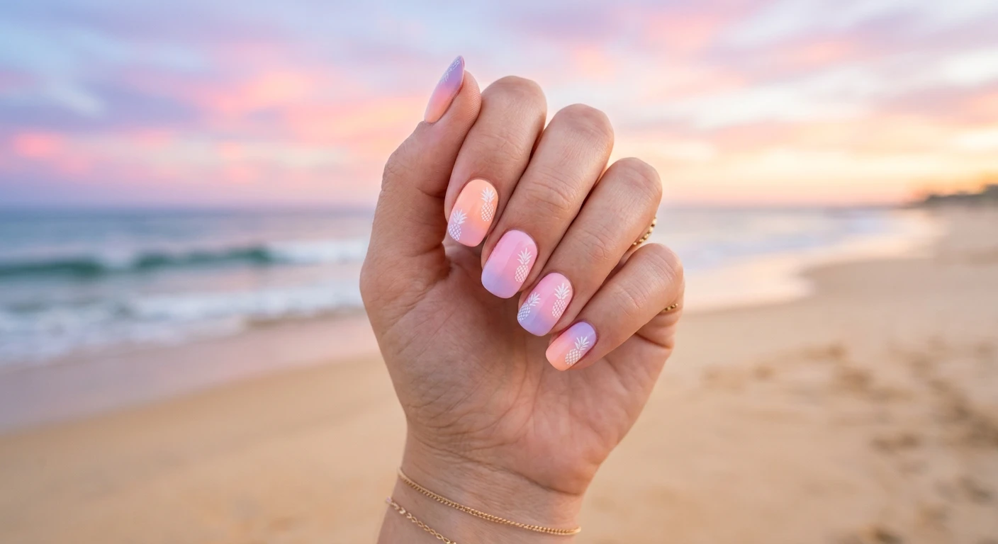 A beautiful macro photograph of one hand revealing pastel sunset ombré pineapple nail art. The nails feature a flawless, soft gradient transitioning from pastel peach to baby pink and lavender, overlaid with delicate, minimalist white pineapple silhouettes. High-resolution, sharp focus on the nails. The background is a dreamy, soft-focus beach with a cotton candy sunset sky. Modern, ethereal, Instagram-worthy photography style. No faces visible, focus strictly on the hand and nails., macro nail photography, high quality, Instagram-worthy, clean composition