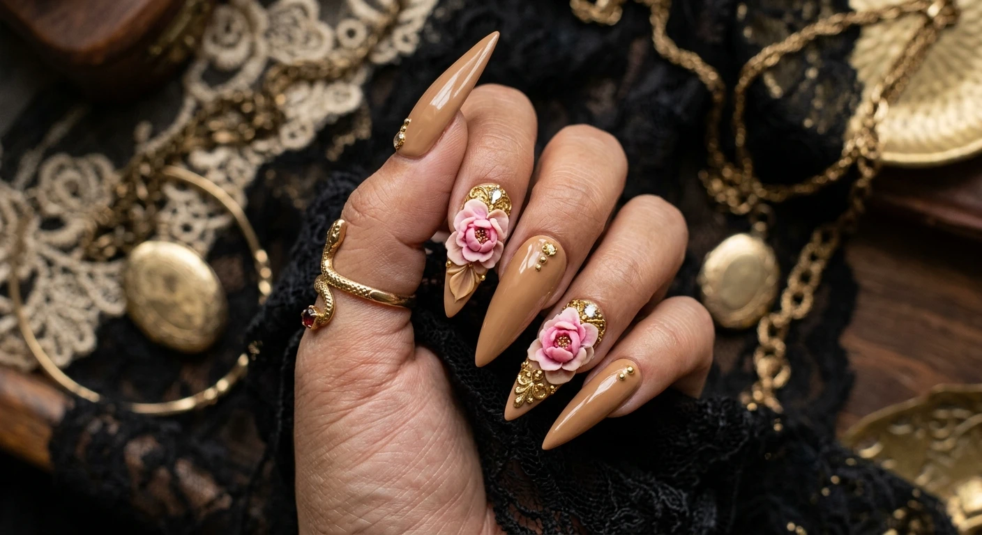 A beautiful macro photograph of one hand revealing long, sharp stiletto nails painted in a rich, opaque tan polish. The dramatic design features large, blooming 3D pink and warm beige acrylic peonies sculpted across the thumbnails and ring fingers, beautifully framed by ornate vintage gold embellishments. High-resolution, sharp focus on the nails. Aesthetic background of dark antique lace and blurred vintage gold trinkets. Modern, moody, Instagram-worthy photography style. No faces visible, focus ONLY on the nails and hand., macro nail photography, high quality, Instagram-worthy, clean composition