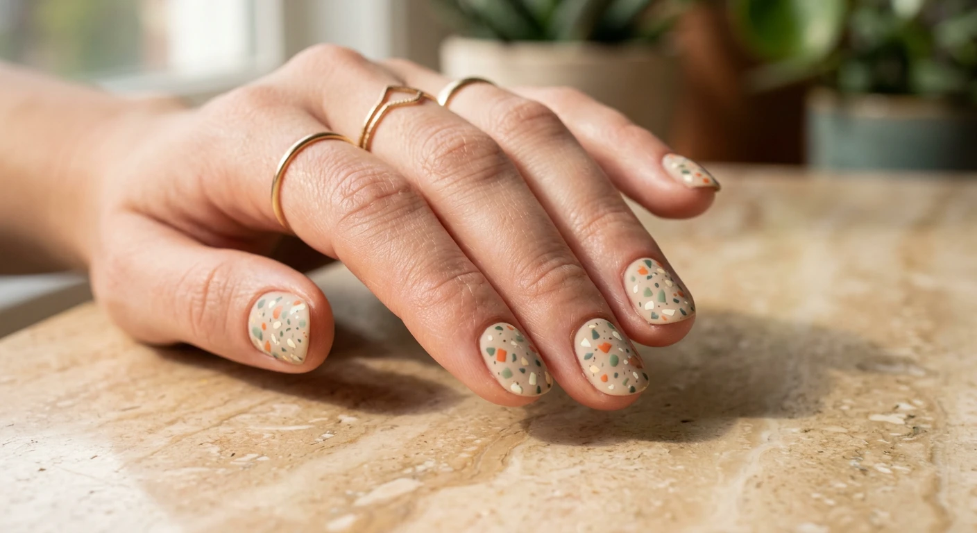 A beautiful macro photograph of one hand revealing a Terrazzo Tile inspired nail design in detail. Short round shaped nails feature a warm sand base color, intricately painted with tiny, irregular terrazzo-style specks and geometric shapes in sage green, bright terracotta, and soft cream. The nails have a smooth matte topcoat to mimic realistic stone texture. High-resolution, sharp focus on the nails. Aesthetic background of polished natural stone bathed in soft morning light. Modern, Instagram-worthy photography style. No faces visible, focus ONLY on the nails and hand., macro nail photography, high quality, Instagram-worthy, clean composition