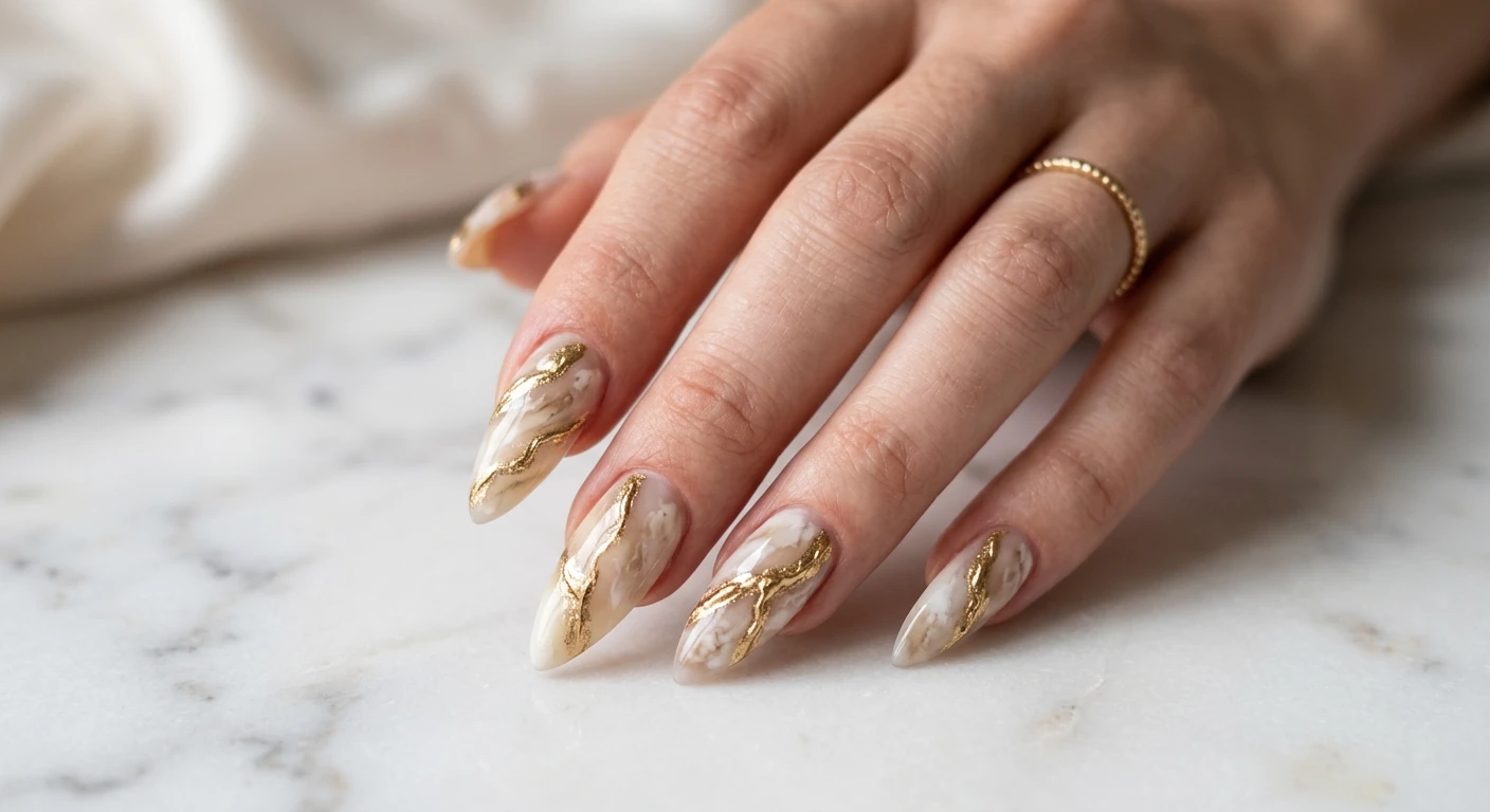 A beautiful macro photograph of one hand revealing a medium-length stiletto nail design in detail. The nails feature a cloudy, dimensional faux-marble stone effect blending milky cream, soft beige, and sheer ivory polishes, cut through by striking, jagged veins of raised 3D liquid gold chrome. High-resolution, sharp focus on the nails, placed over an aesthetic blurry white marble background. Modern, Instagram-worthy photography style with directional lighting to emphasize the raised 3D gold texture. No faces visible, focus ONLY on the nails and hand., macro nail photography, high quality, Instagram-worthy, clean composition