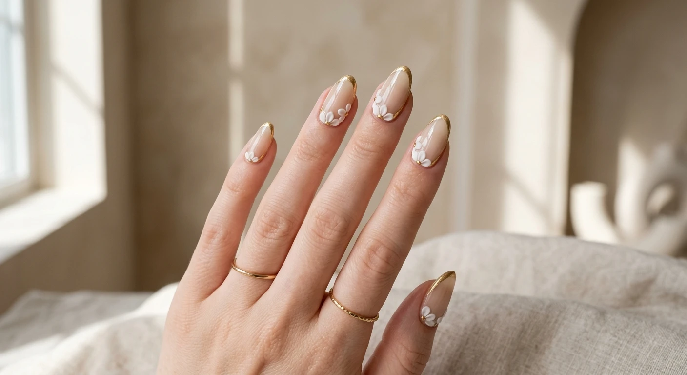 A beautiful macro photograph of one hand revealing a chic minimalist nail design, featuring a flawless sheer beige base, delicate 3D acrylic petals, and striking metallic gold accents perfectly hugging the cuticle line. High-resolution, sharp focus on the nails. The hand is gently posed against an aesthetic background of warm minimalist beige tones and soft architectural shadows. Modern, Instagram-worthy photography style, high-end editorial elegance. No faces visible, focus ONLY on the nails and hand., macro nail photography, high quality, Instagram-worthy, clean composition