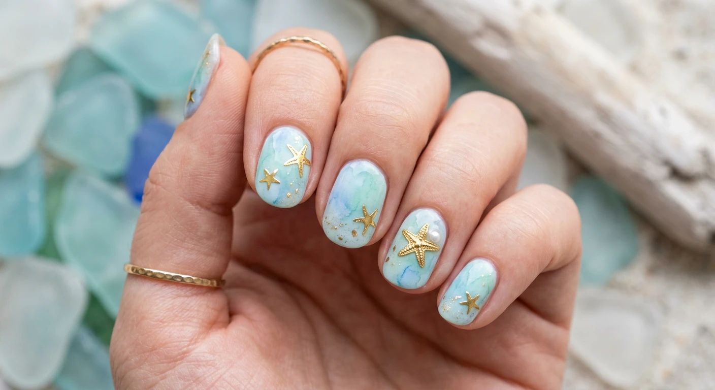 A beautiful macro photograph of one hand revealing a soft watercolor ocean and gold starfish nail design in sharp detail. The nails feature a seamlessly blended pastel blue and seafoam green watercolor wash, accented by elegant, flat metallic gold starfish decals. High-resolution, sharp focus on the nails. Aesthetic background featuring smooth, frosted sea glass and pale driftwood. Modern, Instagram-worthy photography style. No faces visible, focus ONLY on the nails and hand., macro nail photography, high quality, Instagram-worthy, clean composition