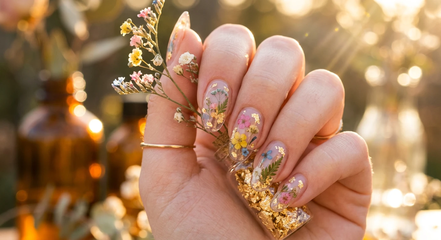 A beautiful macro photograph of one hand revealing translucent, clear glass nails encapsulated with tiny, real pressed micro-florals and subtle flecks of gold leaf. High-resolution, sharp focus on the nails. The hand is illuminated by warm, glowing golden hour sunlight, with an aesthetic background of softly blurred amber glass and sparkling sunbeams. Modern, Instagram-worthy photography style. No faces visible, focus ONLY on the nails and hand., macro nail photography, high quality, Instagram-worthy, clean composition