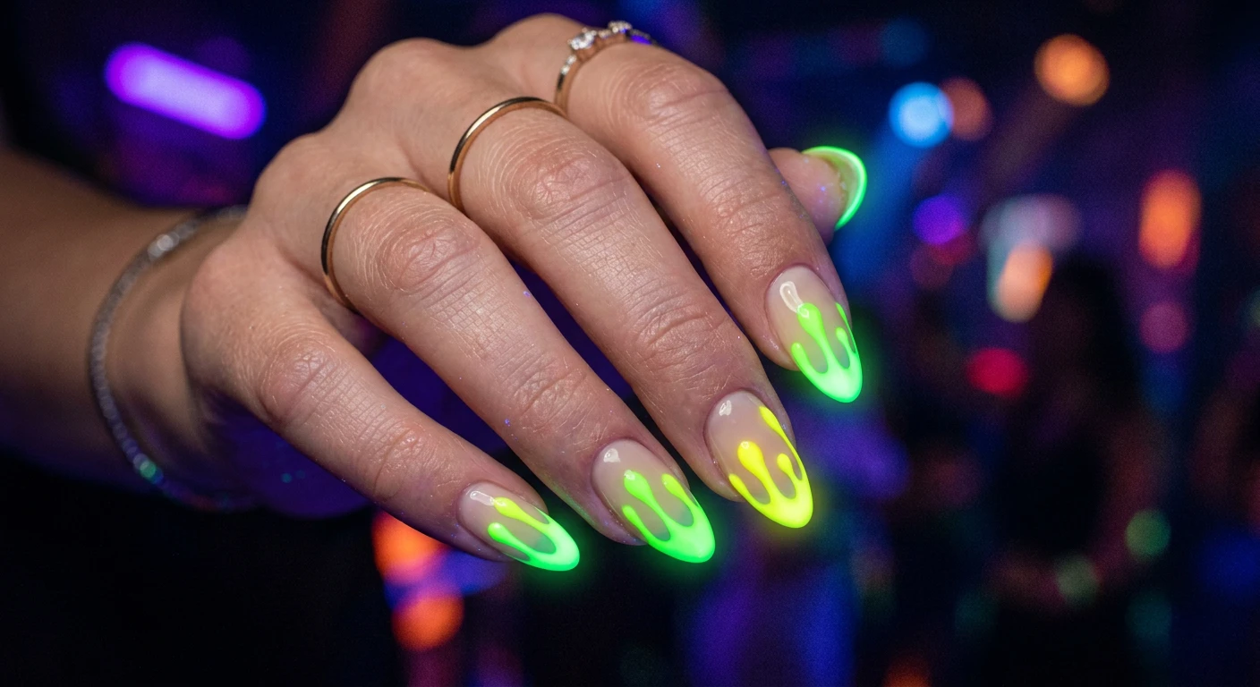 A beautiful macro photograph of one hand showcasing a Neon Citrus Slime Drip nail design in detail. The nails feature a sheer beige base with vibrant neon green and electric yellow drips falling elegantly from the tips, vividly glowing under a subtle UV blacklight to create a floating, radioactive illusion. High-resolution, sharp focus on the nails. The aesthetic background is a moody, dark party atmosphere with blurred fluorescent neon light flares. Modern, Instagram-worthy photography style, no faces visible, focus ONLY on the nails and hand., macro nail photography, high quality, Instagram-worthy, clean composition