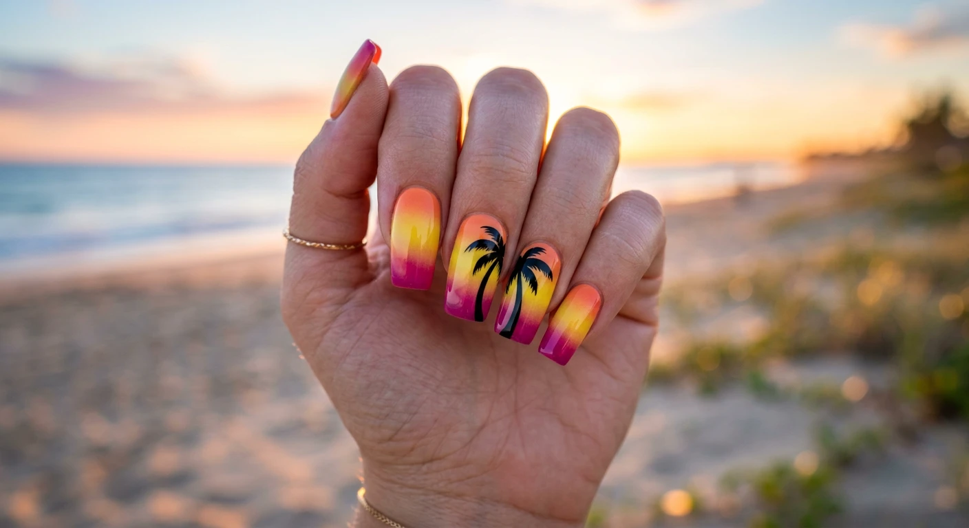 A beautiful macro photograph of one hand showcasing a detailed nail design, featuring a warm orange, vibrant yellow, and deep magenta gradient base with a crisp, opaque black palm tree silhouette spanning the ring and middle fingers, completed with a high-shine glossy finish. High-resolution, sharp focus on the nails. Aesthetic blurred golden hour sunset beach background with warm lighting. Modern, Instagram-worthy photography style. No faces visible, focus ONLY on the nails and hand., macro nail photography, high quality, Instagram-worthy, clean composition