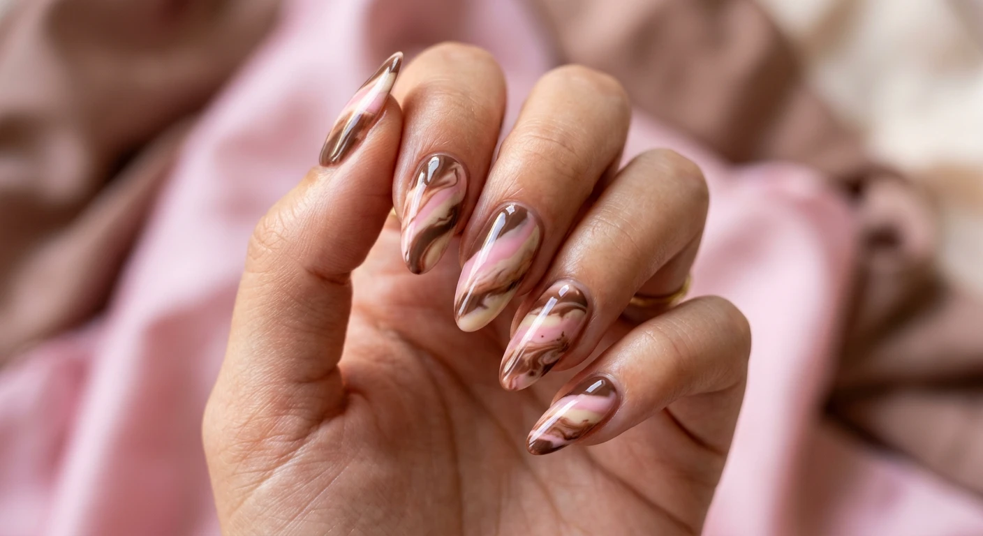 A beautiful macro photograph of one hand showcasing a Classic Neapolitan Swirl nail design in sharp focus. The nails feature an elongated almond shape with an ultra-glossy, glass-like finish, displaying a seamless, fluid marbled pattern of creamy chocolate brown, soft strawberry pink, and warm vanilla cream flowing diagonally across each nail. Shot in a modern, Instagram-worthy photography style with a high-resolution, aesthetic blurred background of soft pink and brown pastel silk to match the ice cream theme. No faces visible, focus strictly on the elegantly posed hand and the detailed nail art., macro nail photography, high quality, Instagram-worthy, clean composition