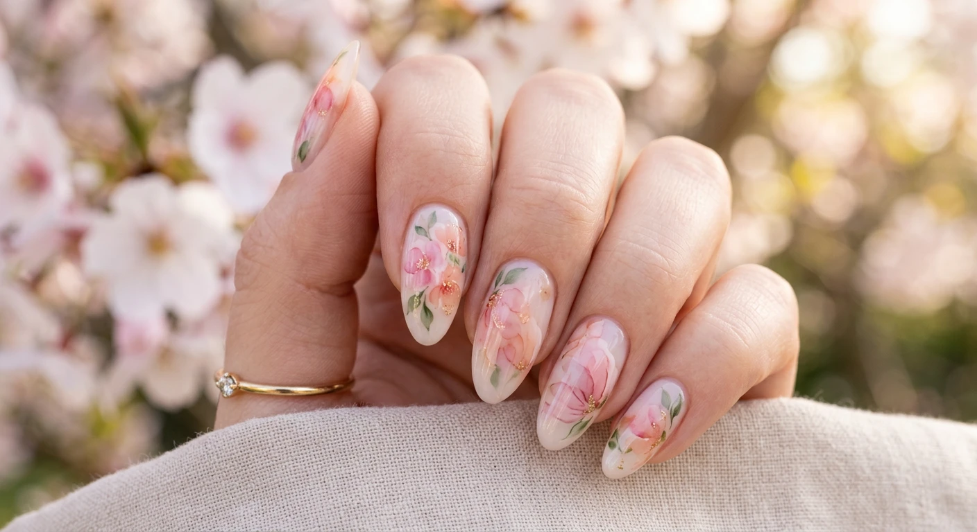 A beautiful macro photograph of one hand showcasing a soft blush watercolor floral dream nail design in detail. The nails feature delicate, semi-translucent pastel pink and peach painted petals that blend like wet watercolors. High-resolution, sharp focus on the nails. Aesthetic background of soft, blurred spring cherry blossoms and dappled sunlight. Modern, Instagram-worthy photography style. No faces visible, focus ONLY on the nails and hand., macro nail photography, high quality, Instagram-worthy, clean composition