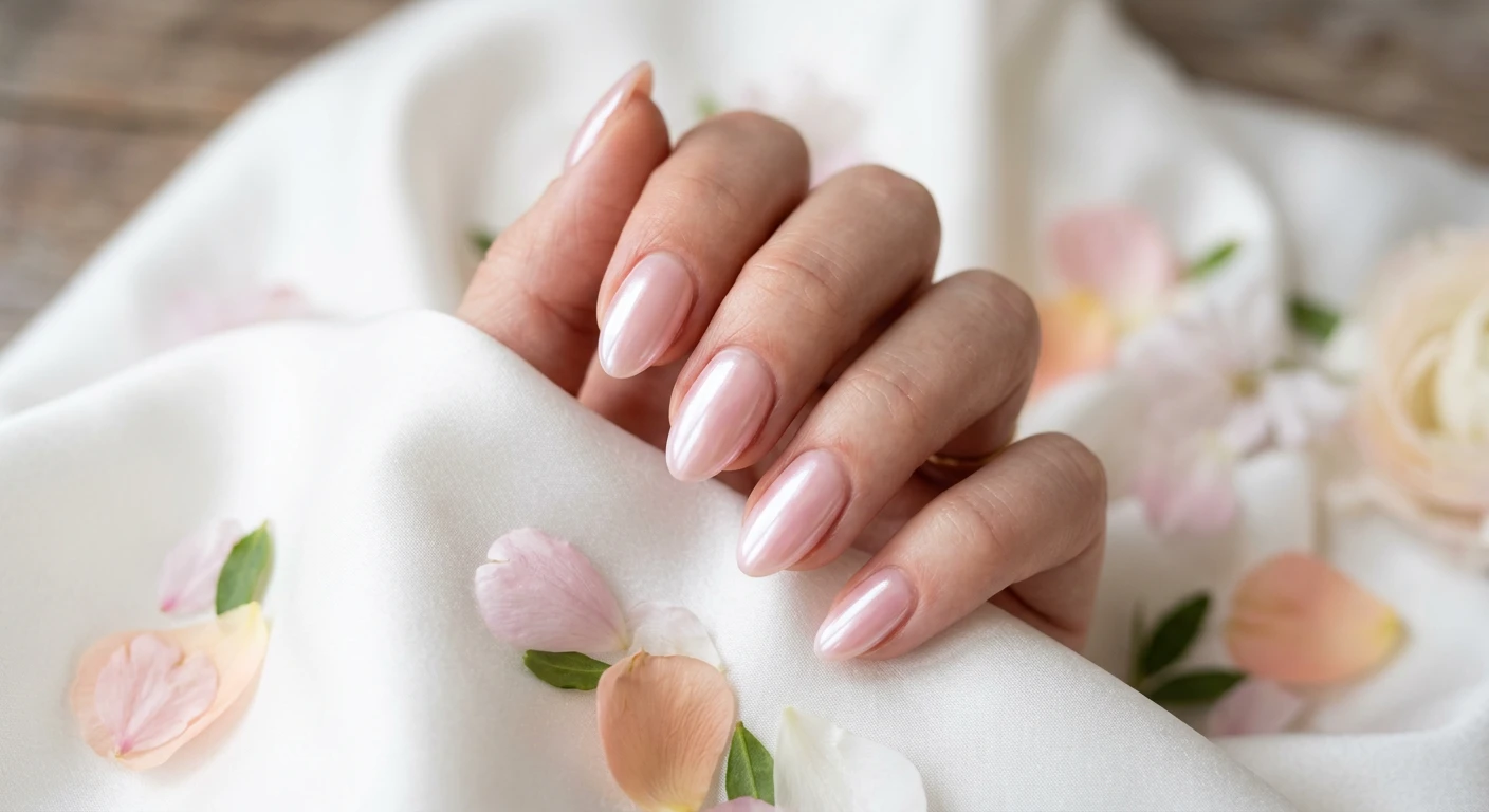 A beautiful macro photograph of one hand showcasing a glazed pearl pink nail design on short, natural almond-shaped nails. The nails feature a translucent, soft petal-pink base overlaid with a pearlescent white chrome powder finish, creating a glossy, glowing glazed-donut effect without heavy glitter. High-resolution, sharp focus on the glossy nails. The hand rests gracefully on soft white silk and scattered spring petals. Modern, Instagram-worthy photography style, aesthetic lighting. No faces visible, focus ONLY on the nails and hand., macro nail photography, high quality, Instagram-worthy, clean composition