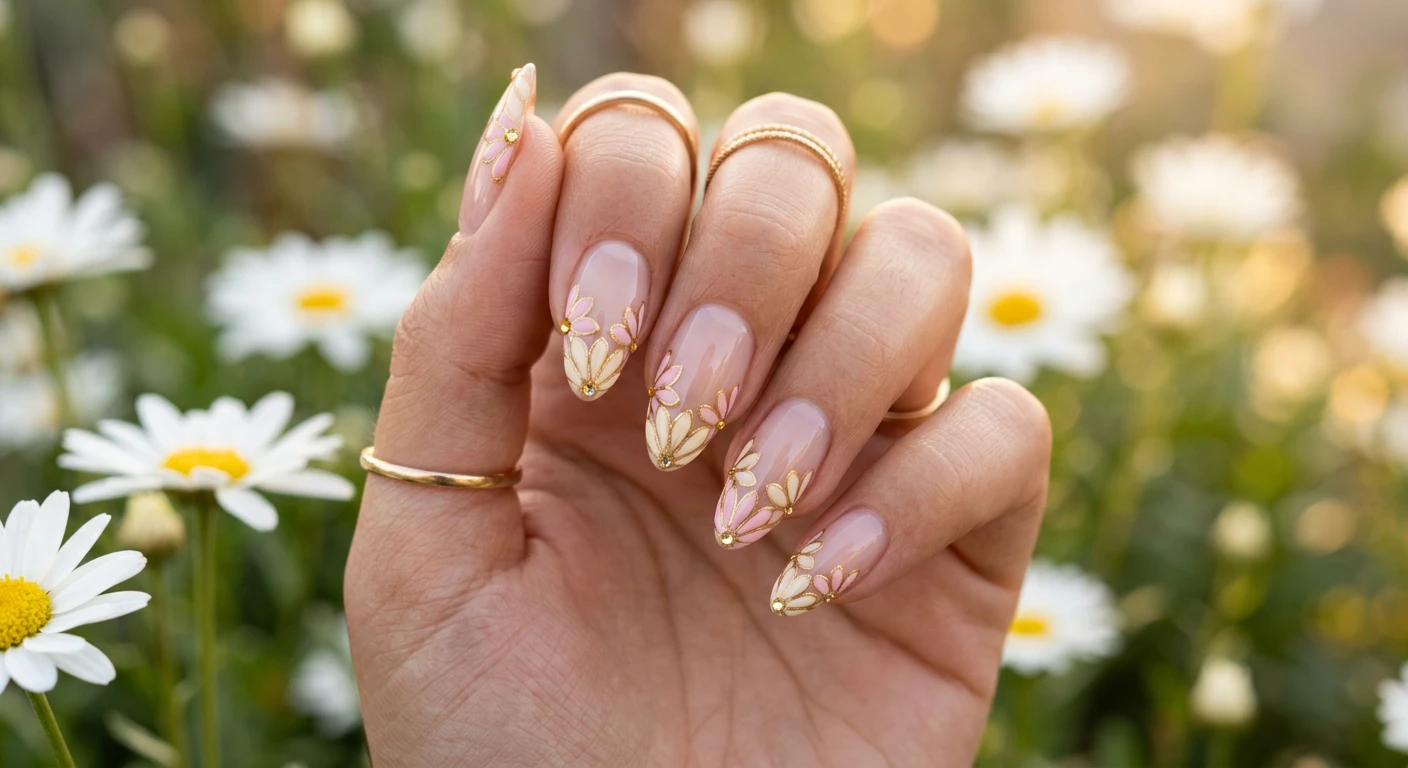 A beautiful macro photograph of one hand showcasing an intricate nail design on almond-shaped nails with a clear, glossy base. The tips are painted with delicate, hand-drawn daisy petals in soft cream and baby pink, leaving negative space of the natural nail showing through between the petals. Fine lines of metallic gold outline each petal, and a single tiny gold rhinestone sits at the center. High-resolution, sharp focus on the nails with no faces visible. Modern, Instagram-worthy photography style set against an aesthetic, softly blurred background of fresh spring daisies and warm sunlight., macro nail photography, high quality, Instagram-worthy, clean composition