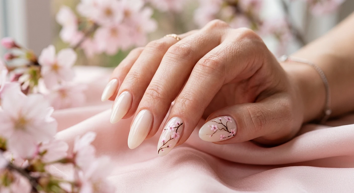 A beautiful macro photograph of one hand showcasing medium-length almond-shaped nails with a minimalist cherry blossom design. The nails feature a flawless, semi-sheer milky cream base polish, with delicate, hand-painted baby pink cherry blossom petals scattered across the ring finger and thumb. The soft pink flowers are connected by ultra-thin, organically curving dark brown branches. High-resolution, sharp focus on the nails. The background is an aesthetic, soft-focus spring morning scene with draped pale pink silk. Modern, Instagram-worthy beauty photography style. No faces visible, focus ONLY on the nails and hand., macro nail photography, high quality, Instagram-worthy, clean composition