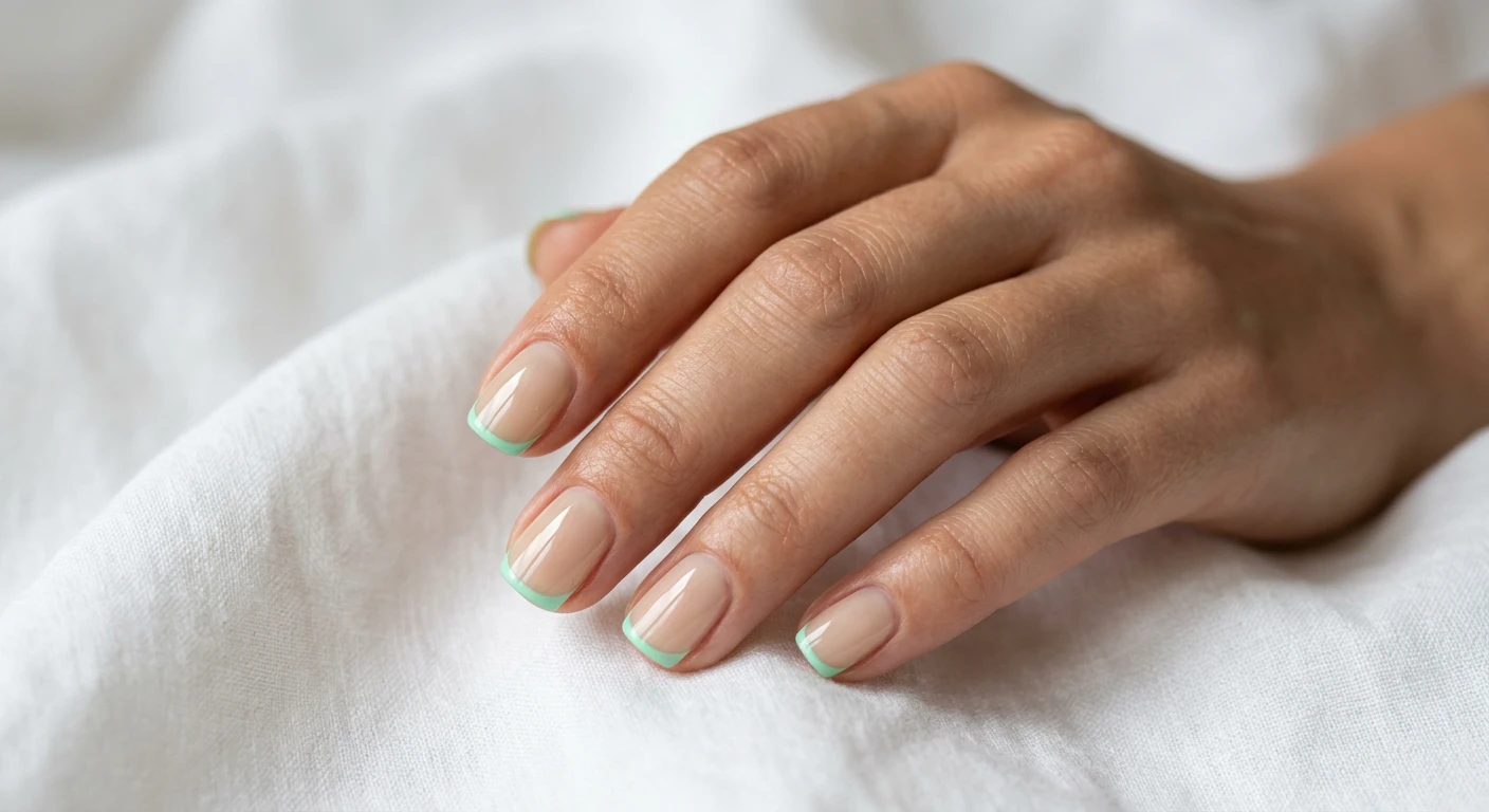 A beautiful macro photograph of one hand showcasing a modern mint micro French nail design. The nails are short to medium-length, filed into a soft, natural squoval shape. The nail bed features a glossy, semi-sheer beige base, finished with an ultra-fine, razor-thin line of bright mint green polish precisely along the free edge. High-resolution, sharp focus entirely on the nails. The hand rests gracefully against an aesthetic, minimalist background of softly draped white linen. Modern, Instagram-worthy photography style, no faces visible, focusing solely on the intricate nail details., macro nail photography, high quality, Instagram-worthy, clean composition